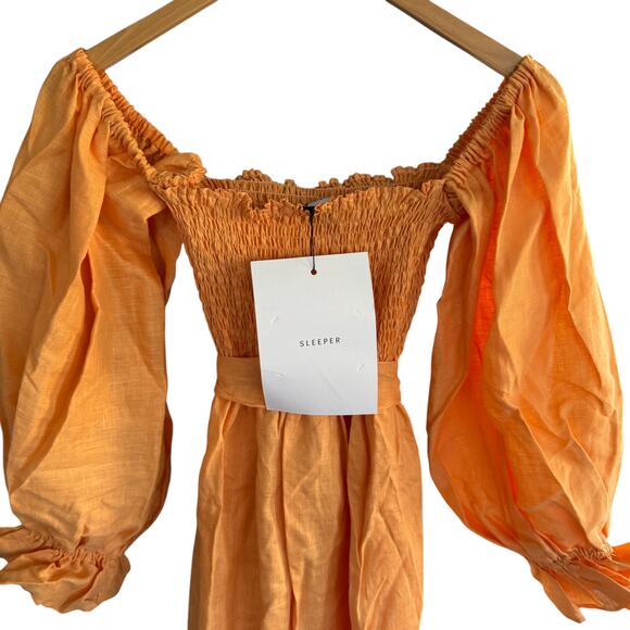 SLEEPER Atlanta Linen Off-Shoulder Midi Dress Coral Orange Size Medium NWT - Picture 8 of 12